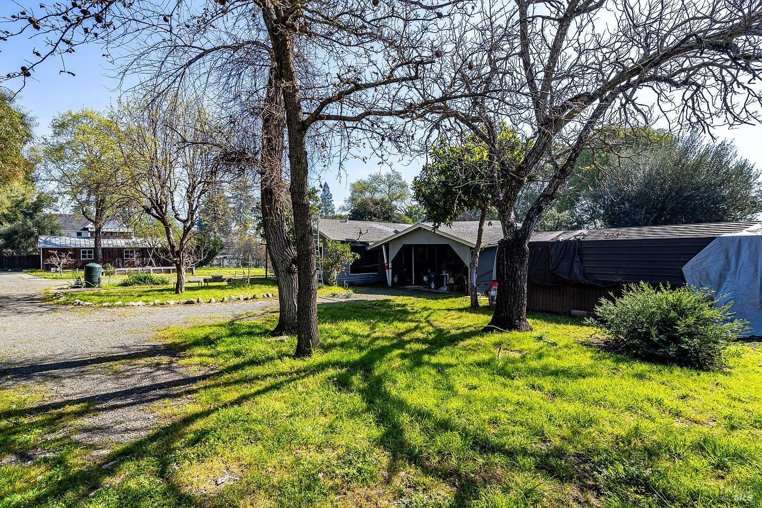 Open grass lot with mature oaks framing the structures behind.