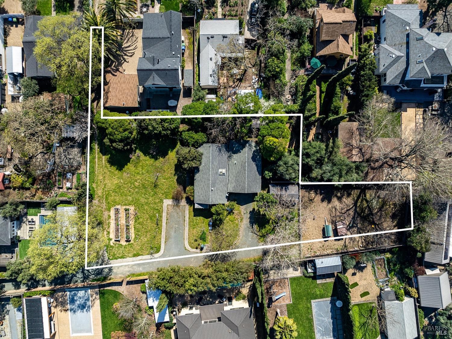Aerial site plan showing both APN boundaries (009-312-050-000 and 009-312-008-000) outlined together, marking the combined development envelope on the half-acre parcel.